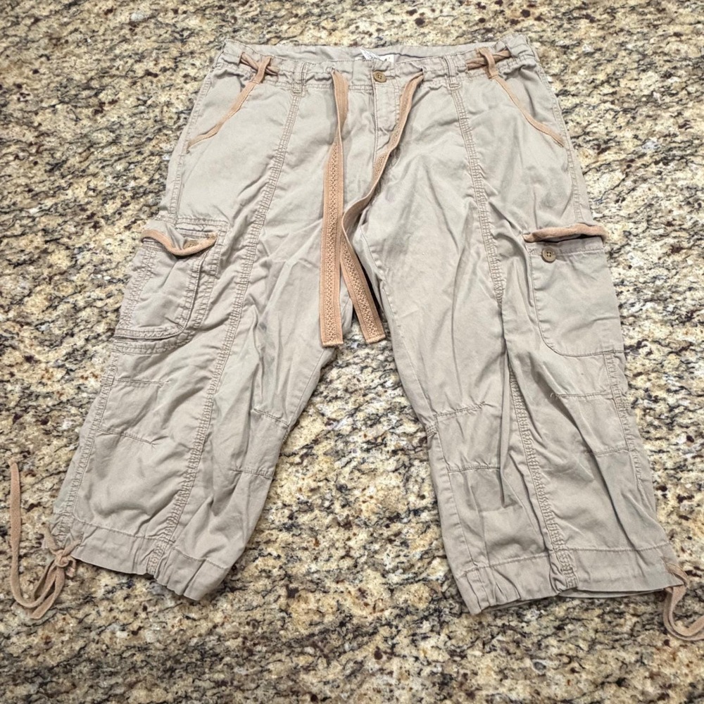 Vintage Faded Glory Khaki Cargo Capri Pants Womens 16 Tan Cotton Crop Drawstring